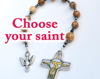Confirmation Gift for Boys or Men, Personalized Catholic One Decade Rosary Pocket Chaplet, Jasper Brown Gemstone Beads, Choose Your Saint