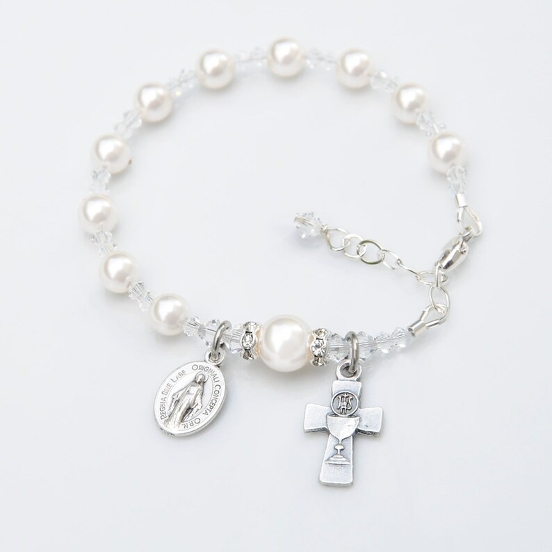 First Holy Communion Gift for Girls White Crystal Pearl Bracelet Personalized Letter Option Adjustable Sizing Catholic Gift image 1