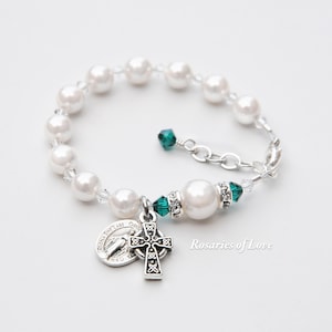 Irish Catholic Celtic Rosary Bracelet, Emerald Green Crystal Accents, White Pearls, Baptism, Communion, Godmother, Wedding Gift, All Sizes