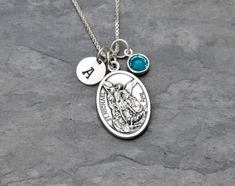 St. Michael Halskette - Personalisierter Anfangsanhänger, Kristall Geburtsstein oder Perle - Beschützer, Polizei, Militär
