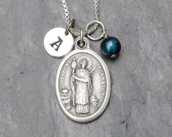 Saint St Raymond Nonnatus Necklace - Personalized, Crystal Birthstone Pearl - Patron Saint of Obstetricians, Midwives, Pregnancy
