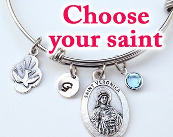 Cadeau de confirmation pour fille, adolescente ou femme - Choisissez votre saint catholique - Bracelet jonc réglable en acier inoxydable extensible personnalisé