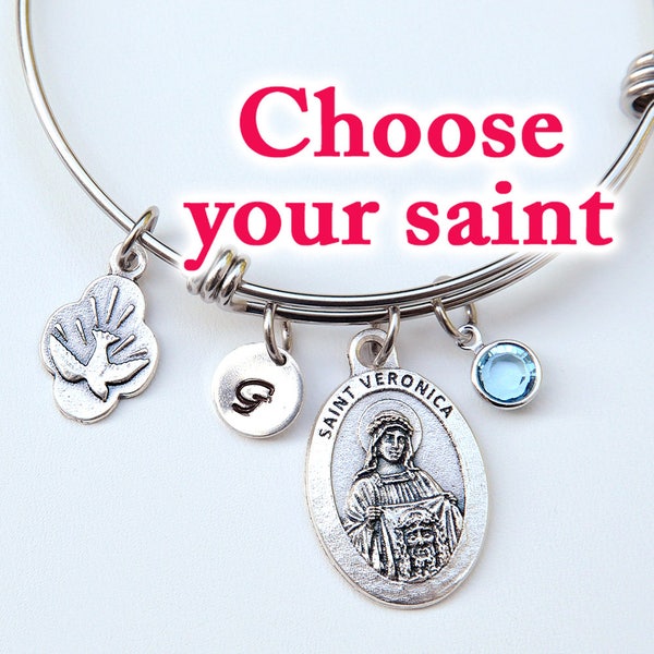 Confirmation Gift for Girls Teens or Women - Choose Your Catholic Saint - Personalized Expandable Stainless Steel Adjustable Bangle Bracelet