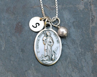 Saint St Martha Necklace - Personalized Initial, Crystal Birthstone or Pearl - Patron Saint of Waiters, Waitresses, Cooks, Butlers