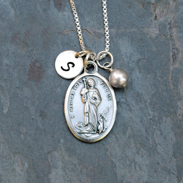 Saint St Martha Necklace - Personalized Initial, Crystal Birthstone or Pearl - Patron Saint of Waiters, Waitresses, Cooks, Butlers