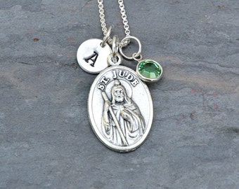 Saint St Jude Necklace - Personalized Custom Initial Hand Stamped - Choice of Crystal Birthstone or Pearl - Saint of Hope