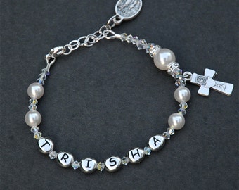 First Holy Communion Gift for Girls - Personalized Name Sparkly White Crystal Pearl Guardian Angel Rosary Bracelet - Adjustable Sizing