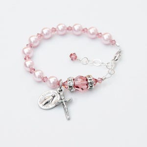 Baby Girl Baptism Rosary Bracelet, Light Pink Pearl and Blush Rose Crystal, Baptism, Communion, Godmother, Wedding Gift, Baby to Adult Sizes