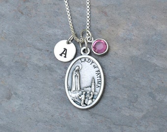 Our Lady of Fatima Necklace - Personalized Initial Charm - Crystal Birthstone or Pearl - Our Lady of the Rosary