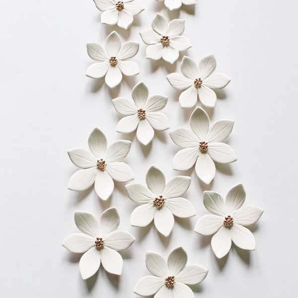 Wall Decor of 12 White and Gold Ceramic Star Flowers for Home Decoration