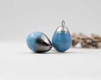 2 Black and Blue Ceramic Drops for Jewelry and Accessories