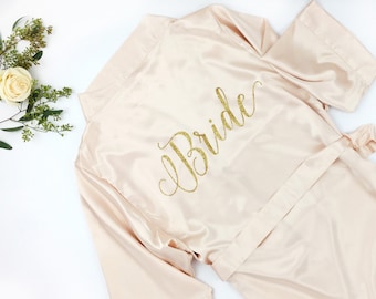 CLEARANCE - Bride Robe - Wedding Day Robe - Glitter Bridal Robe - Bride Satin  - Lingerie Shower Gift - Bridesmaid Robe Blush Robe-bathrobe
