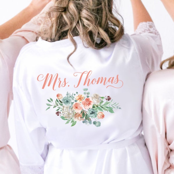 Floral Bridesmaid Robes Personalized Bridesmaid Robes with Names - Satin Lace Bridal Robes Bridal Party Robes Custom Name Robes coral flower