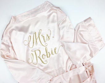 Bride Robe - Wedding Day Robe - Glitter Bridal Robe - Bride Satin  - Bridal Lingerie Shower Gift - Bridesmaid Robe -Blush Robe - rose gold