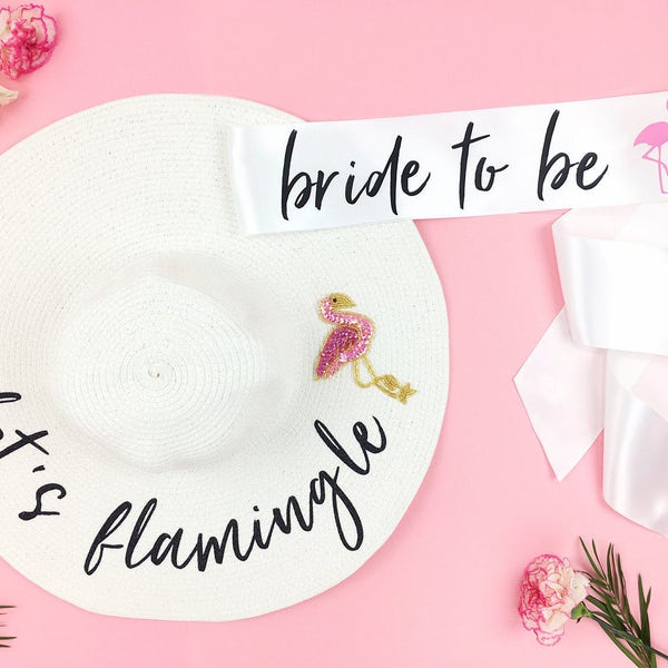 lets flamingle Hat AND bachelorette sash - Sequin Sun Hat - Custom floppy hat- mrs hat - lets flaminge - flamingo bachelorette -  bride hat