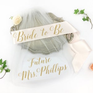 Bachelorette Veil and Sash sash and veil Future Mrs Veil Personalized Veil Bride to Be Sash Bachelorette Veil Bridal Shower Veil Sash image 1