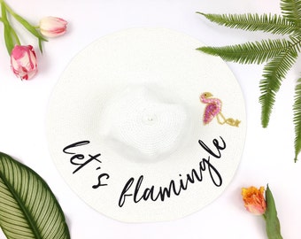 lets flamingle Hat - Sequin Sun Hat - Custom floppy hat- mrs hat - Just Married Hat - lets flaminge - flamingo bachelorette -  bride hat