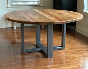 Handmade 60" Reclaimed Oak Chestnut Round Pedestal Dining Table with Steel Base