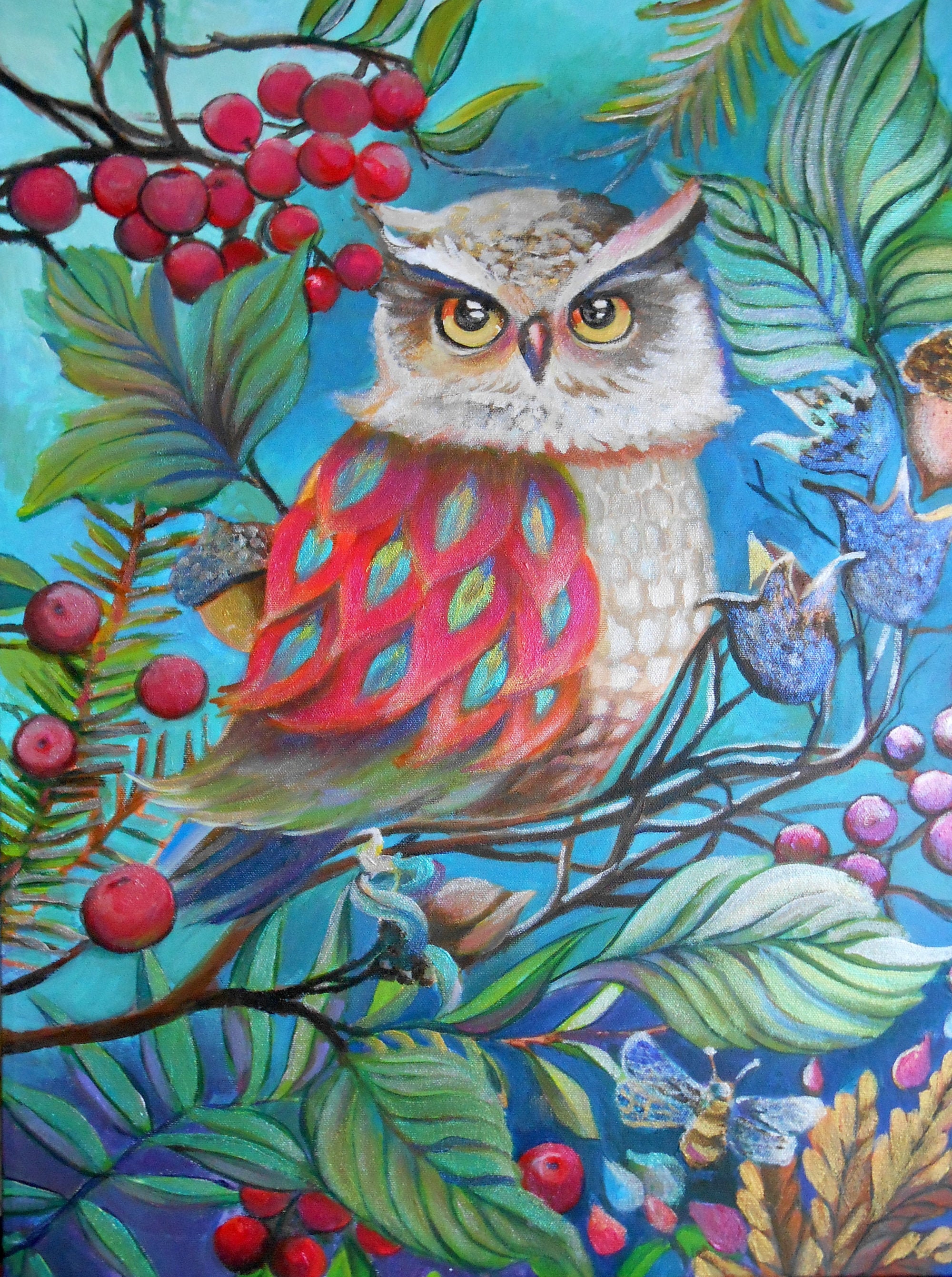 Owl and Berries - 18" x 24" Acrylic Painting