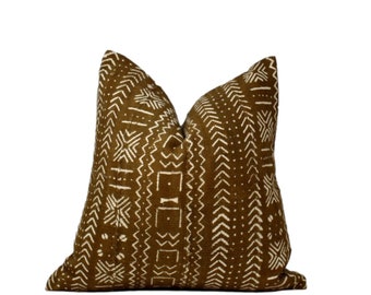 Panya | Dark Mustard and Cream Mud Cloth Pillow Cover, Dark Mustard Mudcloth Pillow, Brown African Pillow, African Mud Cloth