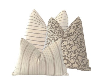 Taalia Pillow Combination, Grey Floral Block Print Pillow Cover, Cream and Charcoal Stripe Pillow, Cream Stripe Pillow