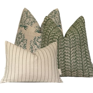 Floral Block Print Pillow Cover Set: Green Botanical & Stripe Lumbar