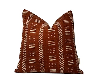 Nala | Rust and White Mud Cloth Pillow Cover, Rust Mudcloth Pillow, Rust African Pillow, African Mud Cloth