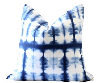 Batik Shibori Pillow in Navy Blue and White Large Scale Floral and Foliage with Herringbone Reverse Folbert Navy