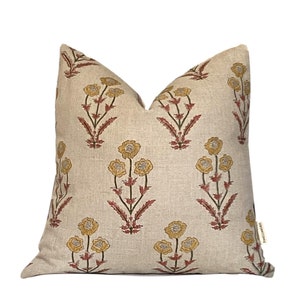 SINDA || Floral Block Print Pillow Cover, Extra Long Lumbar Pillow Cover, Neutral Linen Block Print Pillow, 12”x24” 14”x20” 14x40” 20”x20”