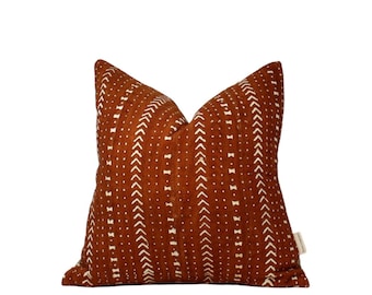 Lottie | Rust and White Mud Cloth Pillow Cover, Rust Mudcloth Pillow, Rust White African Pillow, Rust Woven Pillow, Farmhouse Pillow