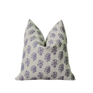 Blue Floral Block Print Pillow Cover: Botanical Linen Cushion