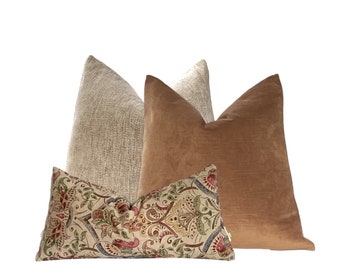 Moxie Pillow Combo, Neutral Tweed Pillow Cover, Gold Velvet Pillow Cover,  Botanical Block Print Lumbar Pillow Cover,