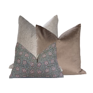 Torino Pillow Combo, Greige Tweed Pillow Cover, Taupe Velvet Pillow, Blue Botanical Block Print Pillow Cover,