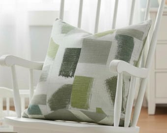 Funda de almohada abstracta verde y blanca, cojín de lino y algodón
