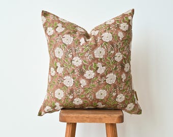 Floral Block Print Linen Pillow Cover - Mustard Tan Lumbar