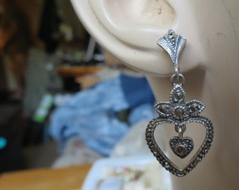 Handcrafted Genuine Marcasite 925 Sterling Silver Heart Dangle Post Earrings, 1.25 Inches Long, Wt. 4 G