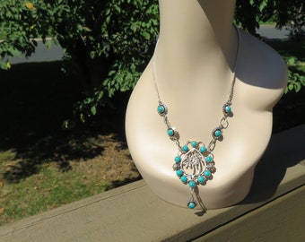 Handcrafted Vintage Lavalier Turquoise 925 Sterling Silver 22" Necklace, Wt.  37 Grams (Never Worn)