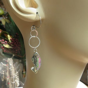 Handcrafted Genuine Alpaca Mexico Abalone Fish Sterling Silver Dangle 925 On New Flower 925 Ear Wire Earrings, Wt. 8.3 Grams image 1