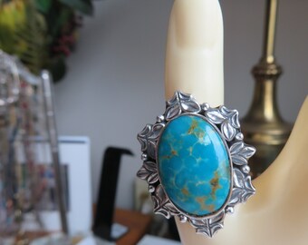 Southwest American Indian Genuine Turquoise .925 Sterling Silver Adjustable Sz. 4-7.5 Ring Wt. 12.8g
