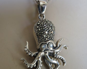 Genuine Mother of Pearl Eyes and Marcasite  925 Sterling Silver Octopus Pendant and 925 18" Chain, 9.2 G