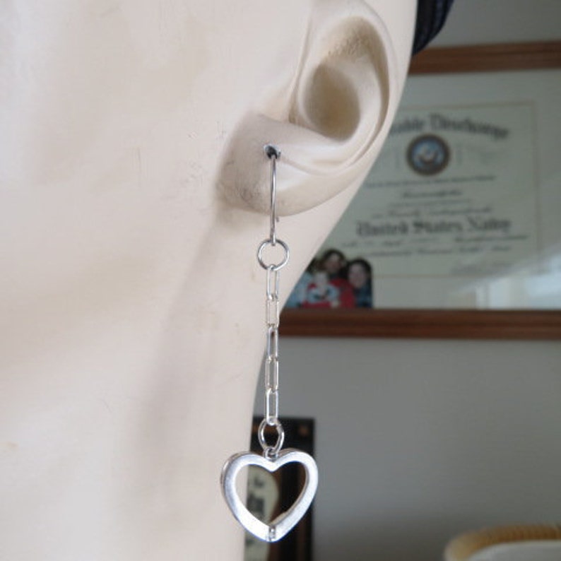Handcrafted 925 Sterling Silver Heart Dangle Earrings, Pierced, Wt. 3.3 Grams image 1