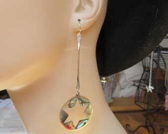 Handcrafted STAR 6 PTS Genuine Abalone 925 4" Long New Ear Wire 925 Dangle Earrings, WT.  10g