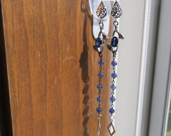 Handcrafted Genuine .65ctw Blue Sapphire and Lab White Sapphire Dangle 925 Earrings, Wt. 5 grams, 3.5 IN Long