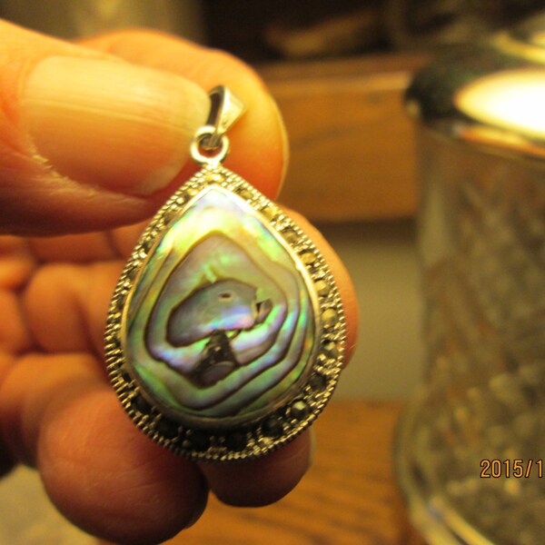 Genuine 5.58ctw Abalone Shell & Marcasite 925 Sterling Silver Pendant Weight 4.4 g, Size 35x19mm