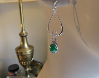 Genuine 925 Sterling Silver Emerald Gemstone Dangle 925 French Ear Wire Earrings, Wt. 3.6 Grams, 1.75 IN Long