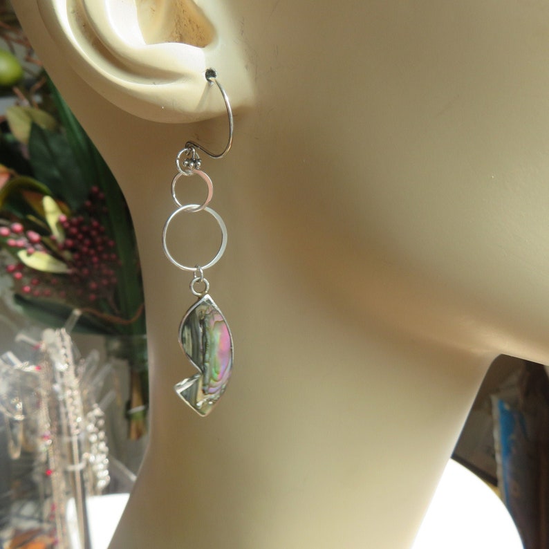 Handcrafted Genuine Alpaca Mexico Abalone Fish Sterling Silver Dangle 925 On New Flower 925 Ear Wire Earrings, Wt. 8.3 Grams image 1