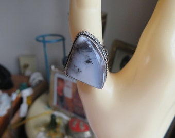 Handcrafted Natural Dendrite Opal 925 Sterling Silver Ring Size 7, Weight 10.4 Grams