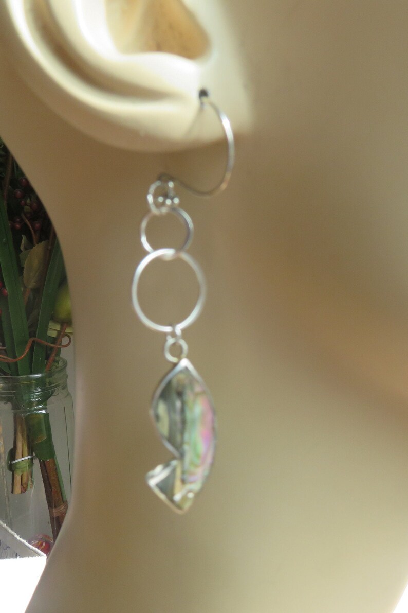 Handcrafted Genuine Alpaca Mexico Abalone Fish Sterling Silver Dangle 925 On New Flower 925 Ear Wire Earrings, Wt. 8.3 Grams image 5