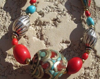 Handcrafted Genuine Turquoise & Red Coral Tibetan Silver Unique Necklace 18 Inches Long, Weight 29.7 Grams