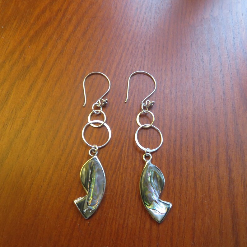 Handcrafted Genuine Alpaca Mexico Abalone Fish Sterling Silver Dangle 925 On New Flower 925 Ear Wire Earrings, Wt. 8.3 Grams image 10